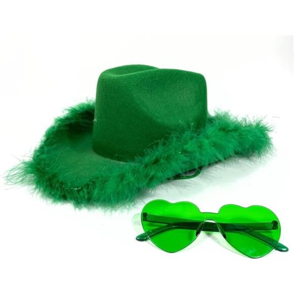 Novelty Cowboy Hat with feathers With Heart Shaped Sunglasses for Women, Cowgirl - Picture 2 of 5